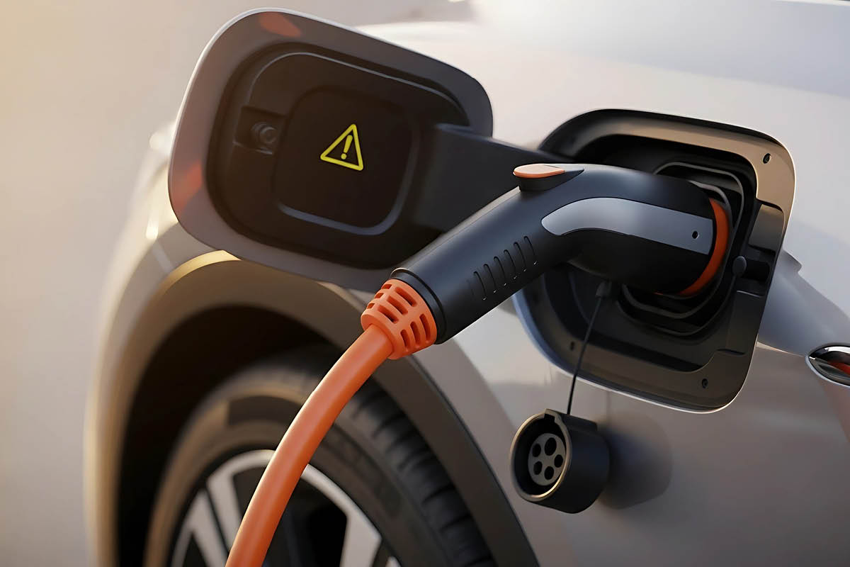 Modernes Elektrofahrzeug lädt bei Sonnenuntergang seine Batterie auf und ist mit einem Ladekabel an den Ladeanschluss angeschlossen.